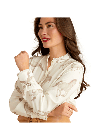 Clarion Long Sleeve Blouse With Sepia Horse Print